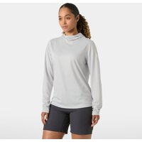 Gray Helly Hansen women's tech hoodie, long sleeves, lightweight fabric, medium size, worn by model.