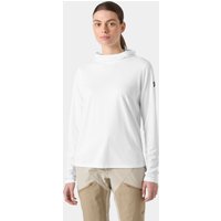 White Helly Hansen women's tech hoodie, long sleeves, hooded, size L, with subtle logo on sleeve.