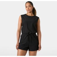 Black Helly Hansen women's romper, sleeveless with a round neck, waist tie, and relaxed fit, size XL.