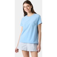 Blue Helly Hansen women's T-shirt, short sleeves, round neckline, relaxed fit, worn by a model.