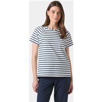 White Helly Hansen women's T-shirt with navy horizontal stripes, short sleeves, and a round neckline.