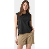Black Helly Hansen women's Thalia tank top, sleeveless, loose fit, XL size, worn by model with beige shorts.