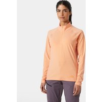 Orange Helly Hansen women's half-zip pullover with long sleeves and stand collar, worn by a model.