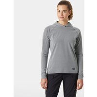 Grey Helly Hansen women's hoodie, long sleeves, lightweight fabric, subtle logo on hem, size L.