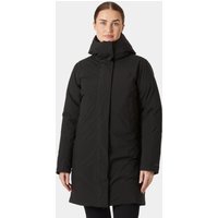 Black Helly Hansen women's down coat with high collar, long sleeves, and front zipper closure.
