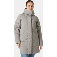 Grey Helly Hansen women's down coat with high collar, full-length zipper, and HELLY TECH® fabric, size M.