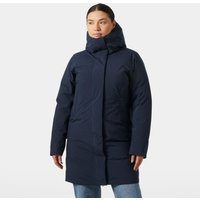 Navy Helly Hansen women's down coat with high collar, HELLY TECH® fabric, and front zipper, size S.