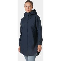 Navy Helly Hansen women's raincoat with hood, long sleeves, and front zipper, size XS.