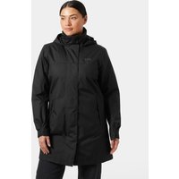 Black Helly Hansen women's raincoat with hood, front zipper, and two pockets, medium size.