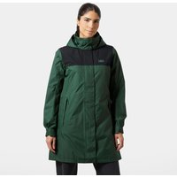 Green Helly Hansen women's raincoat with black accents, hood, and front zipper, size M.