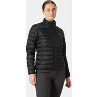 Black Helly Hansen women's down jacket with quilted pattern, high collar, and front zipper closure.