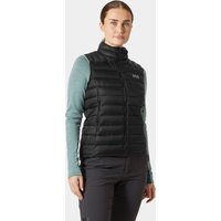 Black Helly Hansen women's puffer vest with high collar, zip closure, and logo on chest, worn by a model.