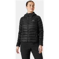 Black Helly Hansen women's hooded down jacket with quilted pattern and front zipper, size M.