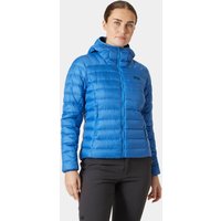 Blue Helly Hansen women's hooded down jacket with quilted design, front zipper, and logo on chest, size XL.