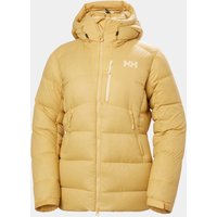 Beige Helly Hansen women's down jacket with hood, front zipper, chest pocket, and logo on chest.
