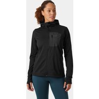 Black Helly Hansen women's hooded fleece jacket with front zipper and chest pocket, size L.
