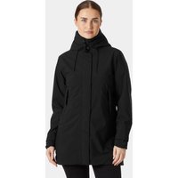 Black Helly Hansen women's mid-length rain jacket with hood, front zipper, and insulated design, size M.