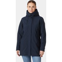 Navy Helly Hansen women's rain jacket with hood, insulated mid-length design, front zipper, and adjustable cuffs.