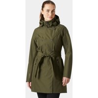 Green Helly Hansen women's insulated trench coat with hood, waist belt, and zippered pockets, size L.