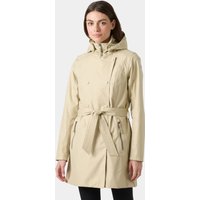 Beige Helly Hansen women's trench coat with hood, waist belt, and front pockets, size M.
