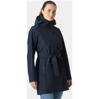 Navy Helly Hansen women's trench coat with hood, waist belt, and front zipper, size XL.
