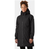 Black Helly Hansen women's insulated coat with hood, front zipper, and long sleeves, size L.