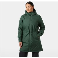 Green Helly Hansen women's insulated coat with hood, front zipper, and waist drawstring, size L.