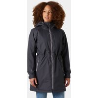 Grey Helly Hansen women's insulated coat, XS, with hood, front zipper, and adjustable waist, worn by a model.