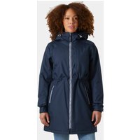 Navy Helly Hansen women's insulated coat with hood, front zipper, and adjustable waist, size XL.