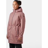 Pink Helly Hansen women's insulated coat with hood, front zipper, and adjustable waist, size small.