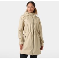 Beige Helly Hansen women's raincoat, XL, with hood, front zipper, adjustable waist, and side pockets.