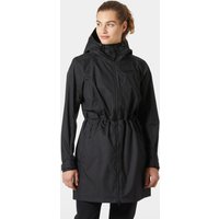 Black Helly Hansen women's raincoat with hood, waist cinch, and front zipper, size M.