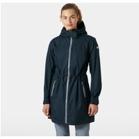Navy Helly Hansen women's raincoat with hood, front zipper, and adjustable waist, size XS.