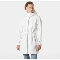White Helly Hansen women's raincoat with hood, front zipper, adjustable waist, and long sleeves, size XL.