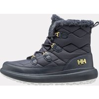 Blue Helly Hansen insulated winter boots with quilted design, faux fur trim, and lace-up front, size 6.