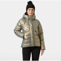 Brown Helly Hansen women's down jacket with hood, quilted design, and front zipper, size L.