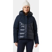 Navy Helly Hansen women's down jacket with quilted design, hood, and front zipper, worn by model with white knit hat.