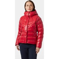 Red Helly Hansen women's down jacket, XS, with hood, quilted design, and front zipper closure.