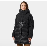 Black Helly Hansen women's down parka with hood, quilted design, and front zipper closure, size small.