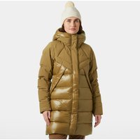 Brown Helly Hansen women's down parka with hood, quilted design, and front zipper, size L.