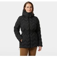 Black Helly Hansen women's down jacket with hood, chevron pattern, and waist belt, size L.