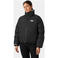 Black Helly Hansen women's reversible puffer jacket, high collar, logo on chest, size L, worn by a model.