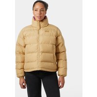 Brown Helly Hansen reversible puffer jacket, women's XS, with high collar and quilted design.