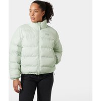 Green Helly Hansen reversible puffer jacket, women's size M, with high collar and quilted design.