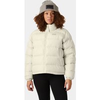 White Helly Hansen reversible puffer jacket with high collar and quilted design, worn by a model.