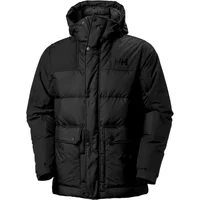Black Helly Hansen Escape Hooded Puffer with front pockets, quilted design, and adjustable hood.