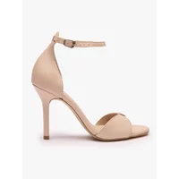 Beige genuine leather heel sandals with ankle strap and open toe design by Ryłko.
