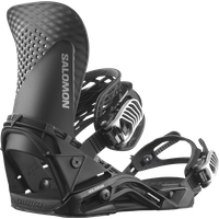Black Salomon snowboard binding with adjustable straps, textured highback, and sleek design.
