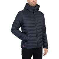 Navy hooded Fuji Sport padded jacket by Superdry with horizontal quilting and front zipper closure.