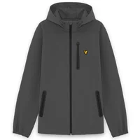 Gray hooded jacket by Lyle & Scott with front zipper, black pocket accents, and yellow eagle logo on chest.